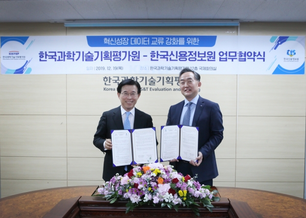 신현준 신용정보원장(오른쪽)과 김상선 한국과학기술기획평가원장이 업무협약을 체결하고 기념사진을 찍고 있다. (사진=신용정보원)