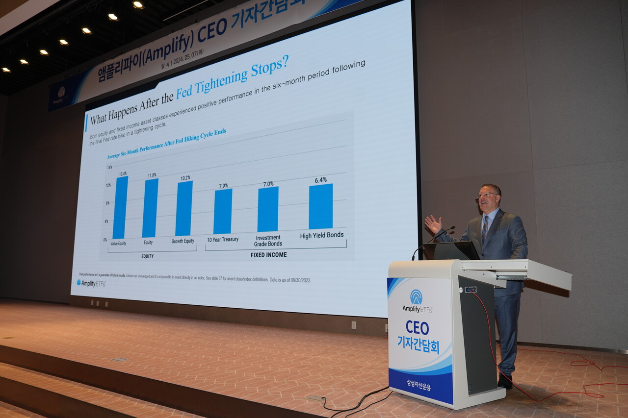 7일 서울 여의도 한국거래소 컨퍼런스홀에서 열린 앰플리파이 CEO 방한 기념 기자간담회에서 크리스티안 마군 앰플리파이 CEO가 발표하고 있다. (사진=삼성자산운용)