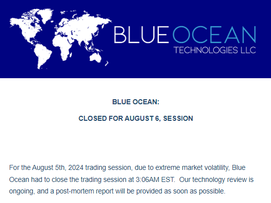 미국 대체거래소인 블루오션이 국내 증권사에 보낸 고지문. 시장 변동성이 극심해 거래를 마감했다고 블루오션 측은 밝혔다.