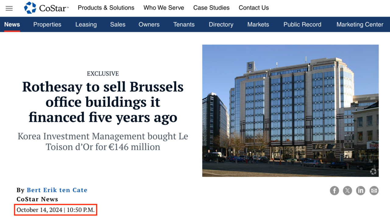 미국 부동산 전문 매체 코스타(Costar)가 작년 10월 보도한 벨기에 오피스 매각 기사.