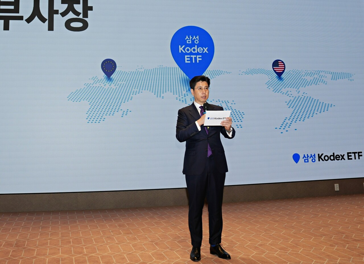 박명제 삼성자산운용 부사장이 18일 서울 여의도 한국거래소에서 열린 'KODEX, 버퍼 ETF 출시 기자간담회'에서 발언하고 있다. (사진=삼성자산운용)