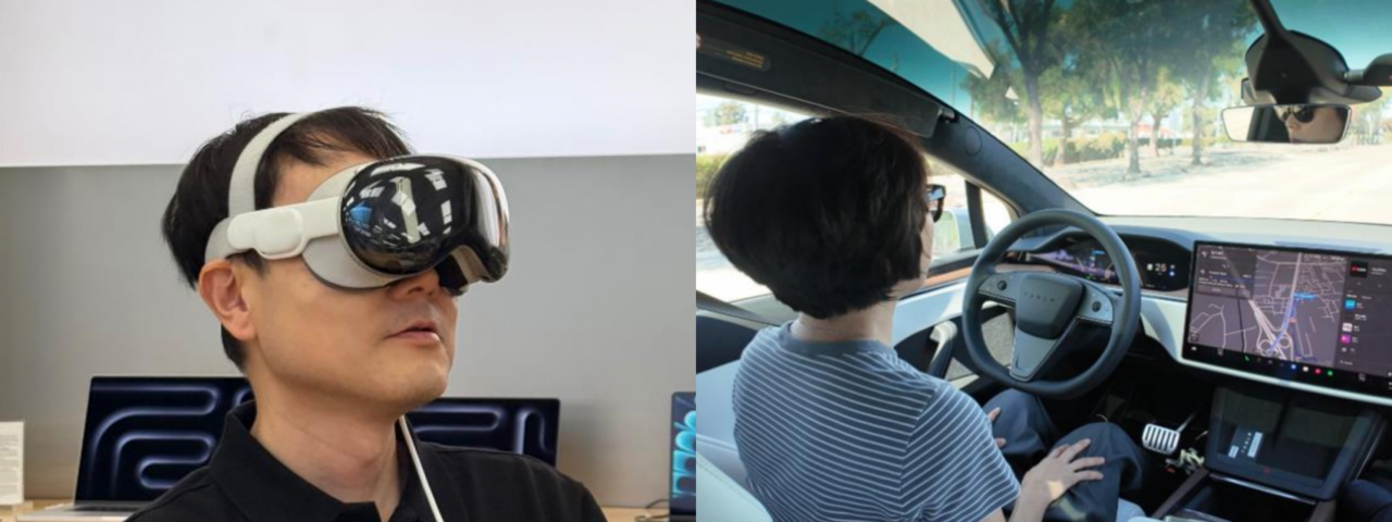 지난해 9월 토스증권 리서치센터가 미국 실리콘밸리를 방문한 모습. 애플의 가상현실 기기 비전프로(왼쪽)와 테슬라 자동차의 자율주행을 직접 체험했다. (사진=토스증권)