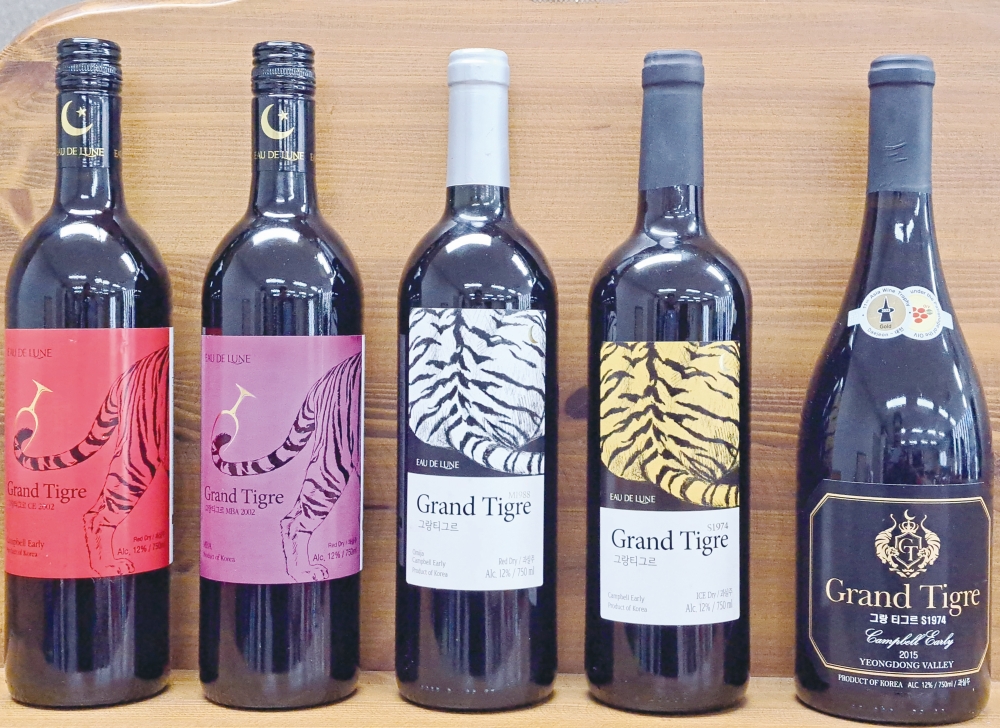 ▲ 오드린와이너리가 생산하고 있는 ‘그랑티그르’ 브랜드의 프리미엄 와인이다. 왼쪽부터 CE2002, MBA2002, M1988, H1988, S1974다. 모두 오크통과 스테인리스 숙성조에서 최소 5년 이상 숙성된 와인이다.